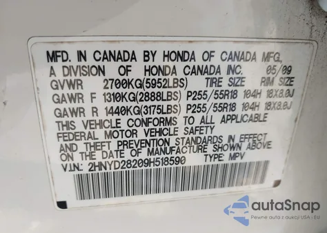 2009 Acura Mdx из США, поврежденный, VIN 2HNYD28209H518590